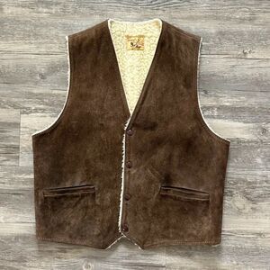 Vintage 1960s Bay River Brown Suede Leather Vest Sherpa Lining Western Sz Small